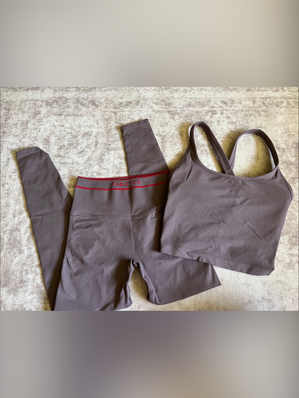 Fabletics Brown Sports Bra and Leggings Set with Red Trim